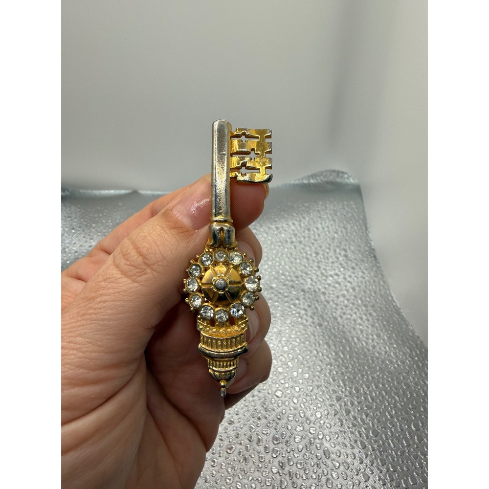 Vintage Rhinestone Skeleton Key Brooch Two Tone Gold Silver Tone Ornate Pin